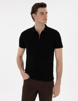 Siyah Slim Fit Fermuarl_ Polo Yaka Triko Kazak