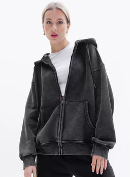 K12079 Толстовка на молнии с капюшоном OVER SIZE (утеплитель евро мех) ГРАФИТ