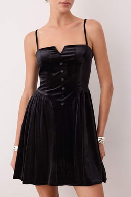 Siyah Duz Dugmeli Orme Kadife K?sa / Mini Astars?z Kokteyl Elbise TPRAW26EL00028 - Trendyolmilla фото 3