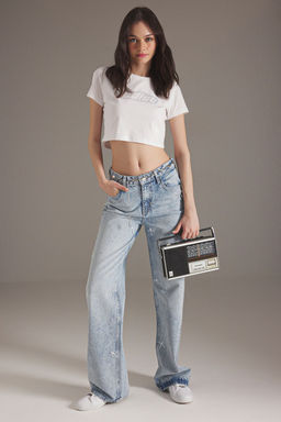 Trendyolmilla Mavi Kurdele/Fiyonk Detayl? Tasl? Normal Bel Wide Leg Jeans TWOSS25JE00234