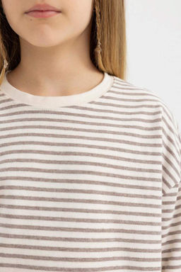 Полосатая футболка с длинными рукавами и круглым вырезом для девочек - Defacto фото 7