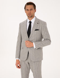 Gri Slim Fit Y_n Ka_mir Kar___ml_ _izgili Tak_m Elbise