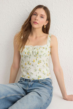 Trendyolmilla Ekru Ask?l? Limon Desenli Onu Buzgulu Crop Dokuma Bluz TWOSS25BZ00052  фото 5