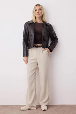 Tas Yuksek Bel Wide Leg Genis Paca Pilili Dokuma Kumas Pantolon TWOAW21PL0076