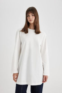 Regular Fit Bisiklet Yaka Basic Duz Uzun Kollu Tisort Tunik