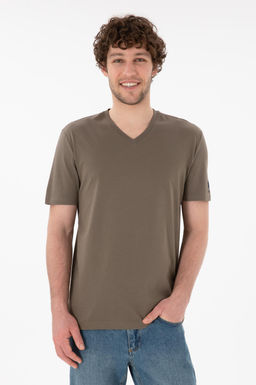 Erkek Regular Fit V Yaka Vizon Basic Ti__rt Sepette S_rpriz _ndirim