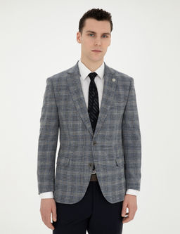 Gri Ex. Slim Fit Y_n Kar___ml_ Ekose Ceket