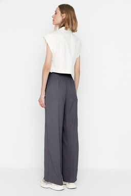 TRENDYOLMILLA Siyah Wide Leg/Genis Paca Beli Lastikli Dokuma Pantolon TWOSS22PL00024  фото 5