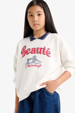 Relax Fit Polo Yaka Bask_l_ Sweatshirt K_z _ocuk - Defacto фото 4