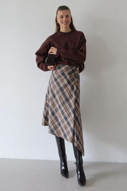 Bej-Cok Renkli Ekose Asimetrik Kesim Dugme Detayl? Etek TWOAW26ET00173