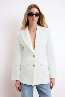 Beyaz Fitted/Vucuda Oturan Aksesuar Dugmeli Yaka Detayl? Astarl? Vatkal? Blazer Ceket TWOSS26BC00028