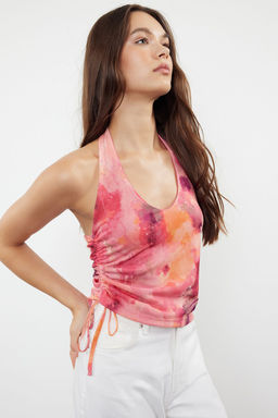 Pembe Soyut Desenli Boyundan Baglamal? Buzgu/Drape Detayl? Vucuda Oturan Orme Bluz TWOSS24BZ00630