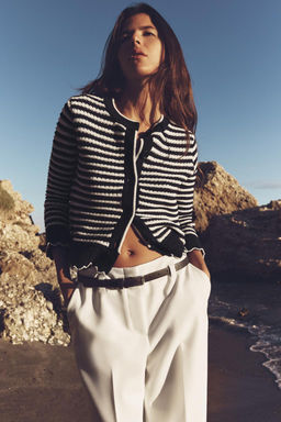 STRIPED KNIT CARDIGAN WITH RUFFLES
