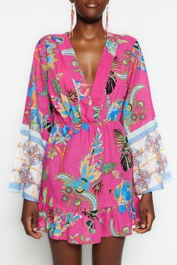 TRENDYOLMILLA Cicek Desenli Mini Dokuma Volanl? %100 Pamuklu Plaj Elbisesi TBESS23EL00030  фото 5