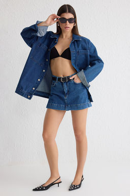 TRENDYOLMILLA Mavi Yuksek Bel Mini Denim Sort Etek TWOSS25SR00055 фото 2