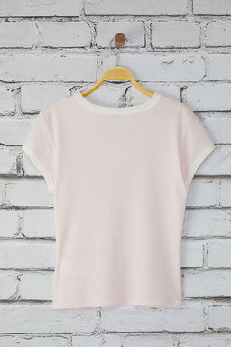 Pembe Slogan Bask? Renk Bloklu Fitted/Vucuda Oturan Orme T-Shirt TWOSS25TS00094