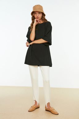 Siyah Duble Kol Genis Kesim Asimetrik Boyfriend Orme T-Shirt TWOSS20TS0828