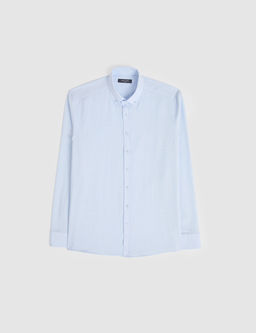 A__k Mavi %100 Pamuk Keten G_r_n_ml_ Slim Fit Uzun Kollu G_mlek