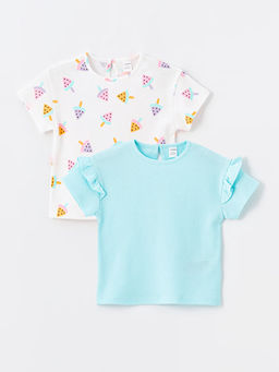 Bisiklet Yaka K?sa Kollu Bask?l? K?z Bebek Ti??rt 2li