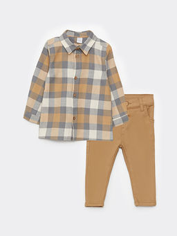 Uzun Kollu Ekose Desenli Erkek Bebek G?mlek ve Pantolon 2li Tak?m