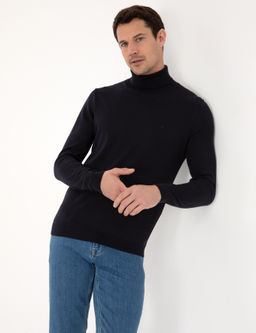 Lacivert Slim Fit Pamuk Kar___ml_ Bal_k__ Yaka Basic Triko Kazak