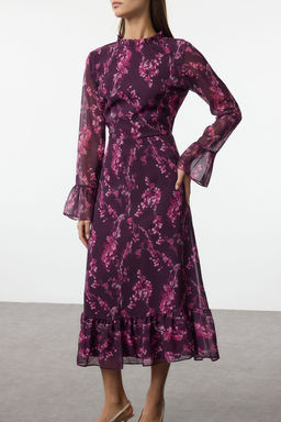 TRENDYOLMILLA Mavi Cicek Desenli A Kesim Dik Yaka Midi Astarl? Sifon Dokuma K?sl?k Elbise TWOAW25EL00173  фото 4