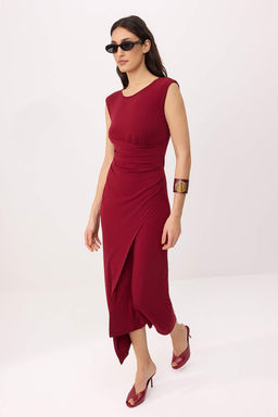 Bordo Duz A-line Bisiklet Yaka Kolsuz Buzgulu Midi Esnek Astarl? Orme Elbise TWOSS26EL00011