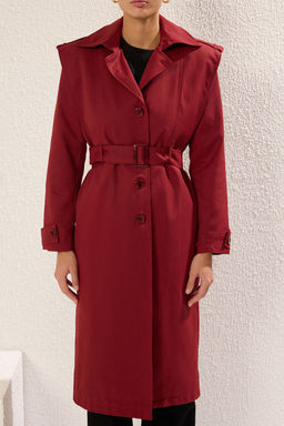 Trendyolmilla Bordo Kemerli Dikis Detayl? Regular Uzun Trenckot TWOSS25TR00010  фото 3