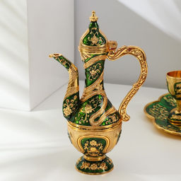Набор посуды сувенирной: винный кувшин, 6 бокалов, поднос Турция. Цветы и узоры, зелёный с золотом