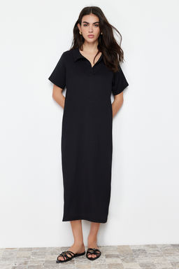 Siyah Polo Yaka K?sa Kol Midi Burumcuk/Dokulu Orme Elbise TWOSS24EL00478