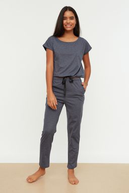 Trendyolmilla Lacivert %100 Pamuklu Baglama Detayl? T-shirt-Pantolon Orme Pijama Tak?m? THMSS20PT0068