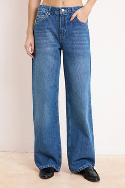 Ac?k Mavi DOKUMLU Normal Bel %100 Pamuk Wide Leg Jeans TWOSS26JE00135 - Trendyolmilla фото 5