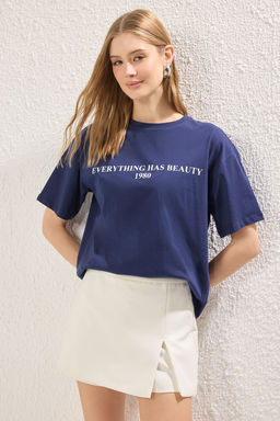 TRENDYOLMILLA Kahverengi %100 Pamuk Slogan Bask?l? Relaxed/Genis Rahat Kesim Orme T-Shirt TWOSS19GH0034