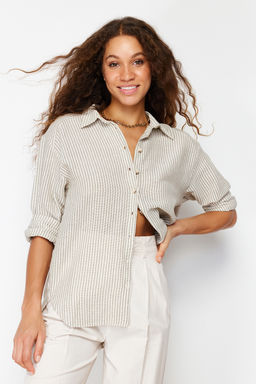 TRENDYOLMILLA Yesil Cizgili Oversize Keten Gorunumlu Dokuma Gomlek TWOSS24GO00050  фото 3