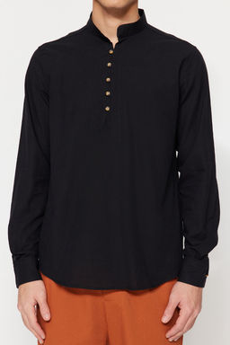 TRENDYOL MAN Mavi Slim Fit Yar?m Patl? Dugmeli Hakim Yaka Keten Gorunumlu Gomlek TMNSS20GO0097 - Trendyolmilla фото 19