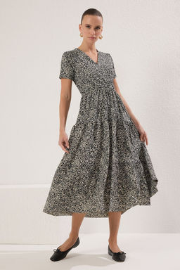 Siyah Cicekli Cicekli Kruvaze Skater/Belden Ac?lan Fitilli Esnek Orme Elbise TWOSS24EL00417 - Trendyolmilla фото 2