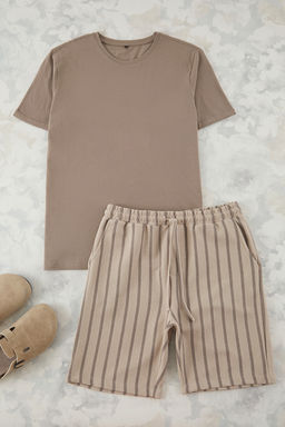 Bej Regular Fit Cizgili Orme Pijama Tak?m? TMNSS25PT00029