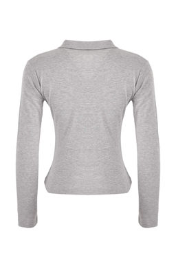 Gri Melanj Fitted/Vucuda Oturan Polo Yaka Dugmeli Pamuk Ribana Orme Bluz TWOSS26BZ00066