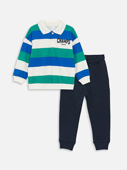 Polo Yaka Uzun Kollu Bask?l? Erkek Bebek Sweatshirt ve Pantolon 2li Tak?m