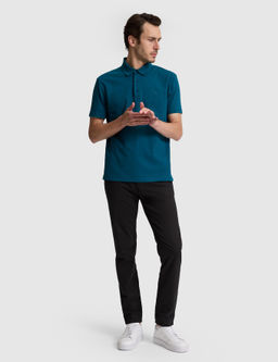 Petrol Mavi Slim Fit Pamuk Kar___ml_ D__meli Polo Yaka Basic T-shirt