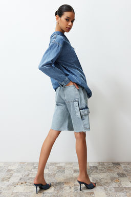 Ac?k Mavi Kargo Cep Yuksek Bel Denim Bermuda TWOSS24SR00091