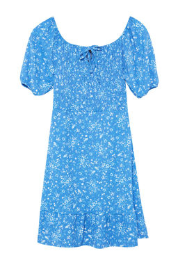 Mavi Cicekli Midi Gipeli Baglama Detayl? Belden Ac?lan Esnek Midi Elbise Orme Elbise TWOSS24EL01059