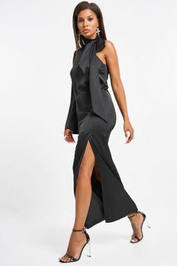 Платье вечернее с ассиметричным вырезом из атласа черное новый год