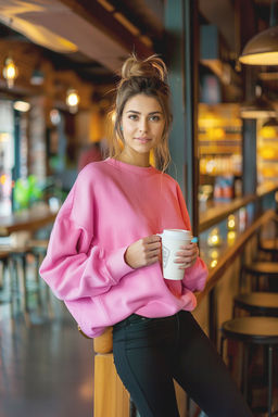 Pembe Oversize/Rahat Kesim Basic Bisiklet Yaka Kal?n/Ici polarl? Orme Sweatshirt TWOAW24SW00102