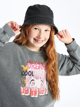 Bisiklet Yaka Bask?l? Uzun Kollu K?z ?ocuk Sweatshirt