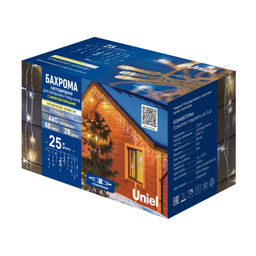 ULD-B25006-440/TTK WARMWHITE-WHITE IP44 Бахрома светодиодная с эффектом мерцания, 25м. Соединяемая. 440 светодиодов. Теплый белый и белый свет. Провод прозрачный. ТМ Uniel