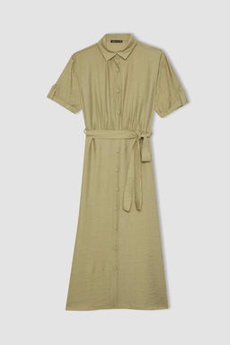 Льняное платье-миди с рубашечным воротником и поясом с короткими рукавами - Defacto фото 6