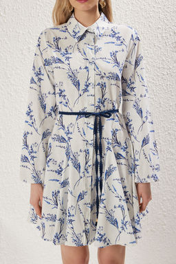 TRENDYOLMILLA Ekru Cicekli Etegi Belden Ac?lan Mini %100 Pamuk Dokuma Elbise TWOSS25EL00197 фото 3