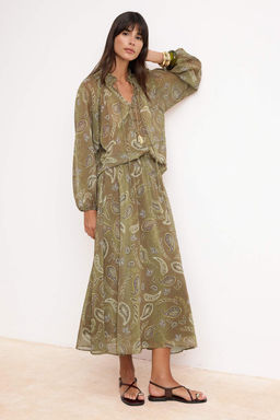 Haki Renkli Sifon Etnik Desenli Astarl? Maxi Uzun Etek TWOSS26ET00050 - Trendyolmilla фото 2