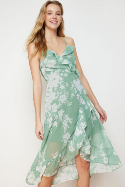 Yesil Cicek Kruvaze Midi Sifon Astarl? Dokuma Elbise TWOSS19EL0375